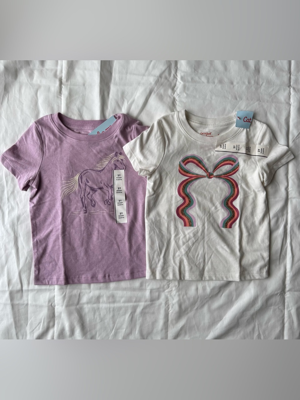 NWT Cat & Jack Girls' Lilac Unicorn & White Rainbow Bow Tee - 2-Pack Size 2